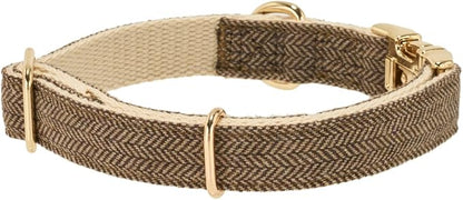 Luxury Soft Cotton Tweed Fabric Dog Collar & Leash Set with Gold Buckle – Durable Fabric, Stylish Design for Everyday Walks(Large Coffee)