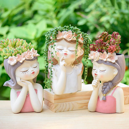 Snowy sunday Adorable Fairy Girl face Succulent Pot with Drainage Hole, Resin Head Planter Pot for Indoor Plants, Decorative Flower vase,Gifts Idea for Lady (Medium-Tranquility)