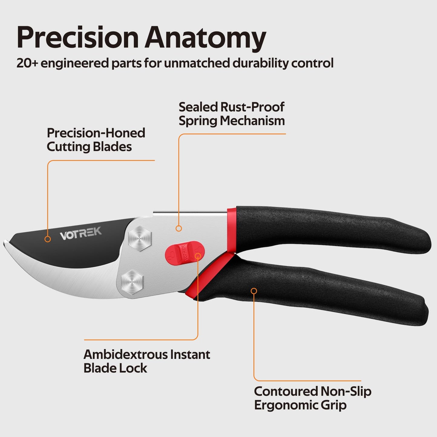VOTREK® 8.5” Pruning Shears, Professional Garden Pruner with Jam-Proof Spring & Ever-Sharp SK5 Blade, Ergonomic Bypass Clippers for Rose, Tree Trimming, Heavy Duty Bonsai Scissor for Weak Hand