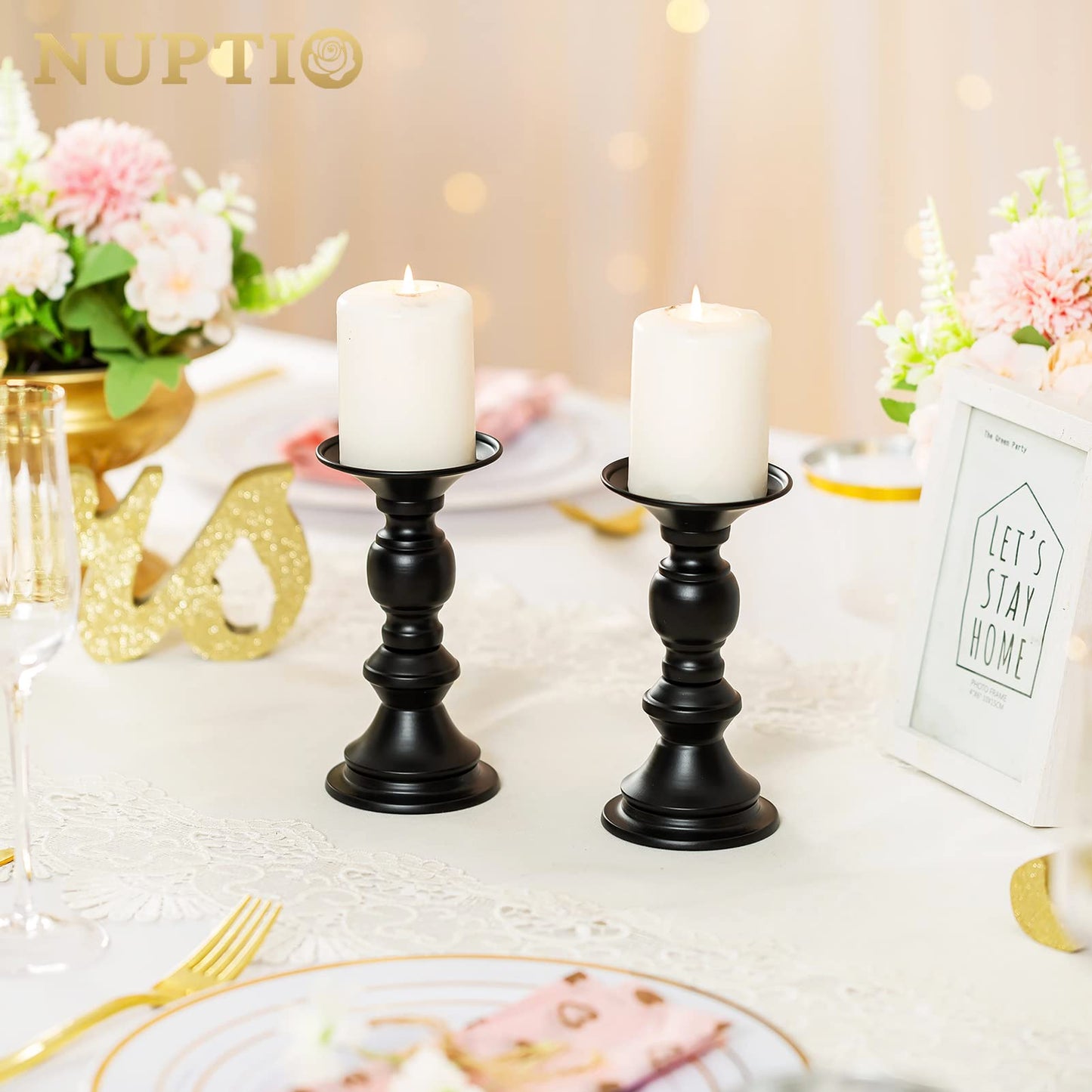 NUPTIO 2 Pcs Candle Holders for Pillar Candles, Black Candle Holder for 50mm Candles Christmas Halloween Mantlepiece Decorations, Ideal for Weddings Special Events Party Living Room