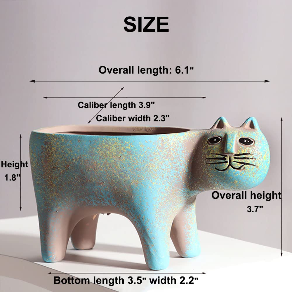 DIYOMR Cat Planter Animal Succulent Pots, Ceramic Cat Mini Flower Pots Cactus/Plants Containers for Home Office Desk Windowsill Decor, Plants Not Included (Light Blue)