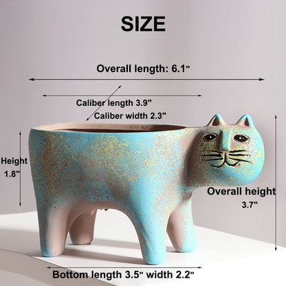 DIYOMR Cat Planter Animal Succulent Pots, Ceramic Cat Mini Flower Pots Cactus/Plants Containers for Home Office Desk Windowsill Decor, Plants Not Included (Light Blue)