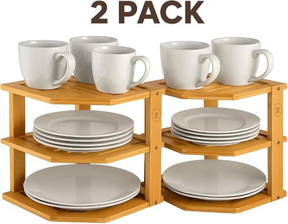2-Pack Plate Organizer for Cabinet - 3 Tier Bamboo Corner Cabinet Organizer Shelf for Plates Bowls Mugs Cups, Kitchen Cabinet Organizer, Cabinet Shelf Organizer, Countertop Rack, 10 x 10 x 9.5 Inch