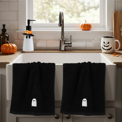 Teenyyou 4 Pcs Halloween Bathroom Accessories Ghost Soap Dispenser Lotion Pump Halloween Hand Towels Fingertip Towels with Gift Box Set for Home Bath Kitchen Decoration(Black White, Ghost)