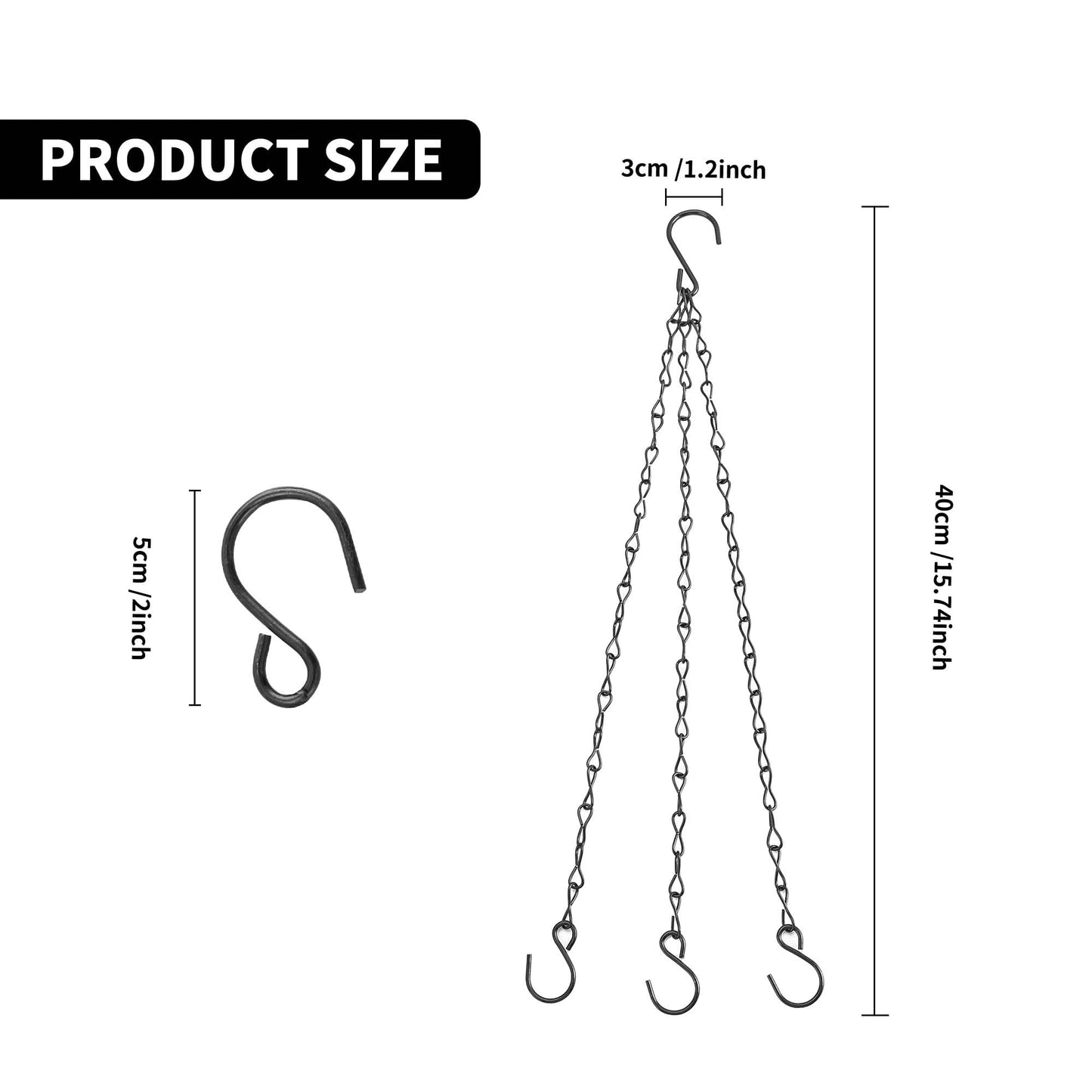 YEUIKERR 12 Pcs 15.7 inch Hanging Basket Chain with Hooks, Flower Pot Chains with Hooks 3 Point Replacement Chain for Hanging Basket,Planters,Bird Feeders,Lanterns (Black)