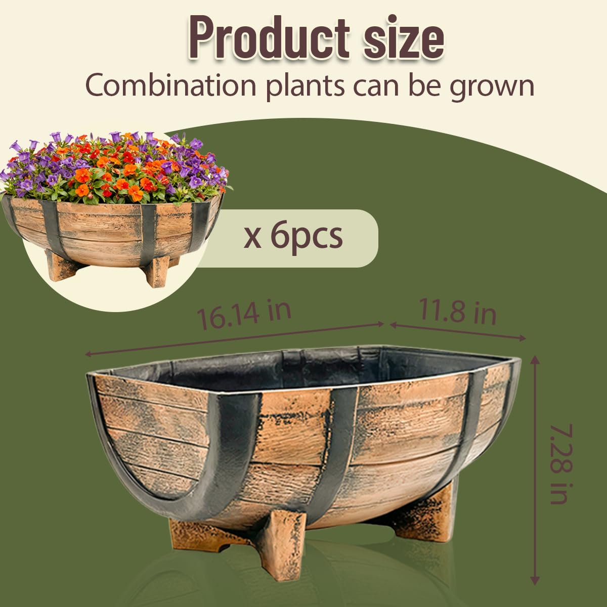 Whiskey Barrel Planter,Set of 6 Half Barrel Planters for Outdoor Plants with Removable Drain Screen,Weather Resistant Plastic Flower Pots for Indoor Outdoor Garden,Patio,Lawn,16.14x11.8x7.28 Inch