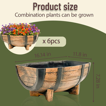 Whiskey Barrel Planter,Set of 6 Half Barrel Planters for Outdoor Plants with Removable Drain Screen,Weather Resistant Plastic Flower Pots for Indoor Outdoor Garden,Patio,Lawn,16.14x11.8x7.28 Inch