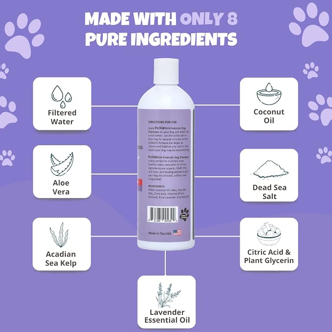 Petbiotics - Prebiotic Lavender Dog Shampoo - Gentle, All-Natural & Organic Dog Wash for Sensitive Skin, Promotes Healthy Skin Microbiome - 16 oz.