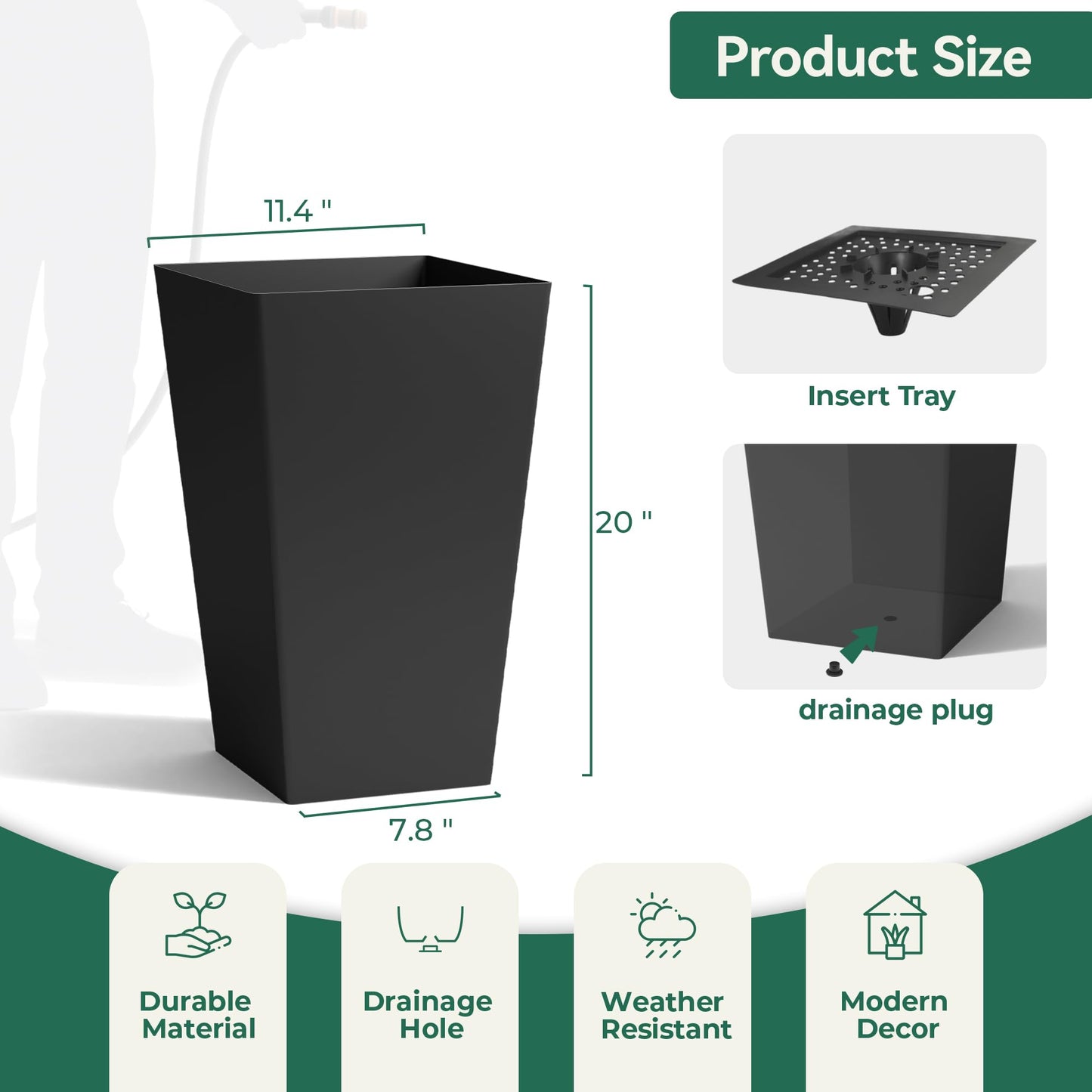 Worth Garden 20" Tall Planters Set of 2 – Large Black Tapered Plastic Flower Pots for Indoor & Outdoor Use – Modern Plant Containers with Drainage Holes – Ideal for Front Porch, Patio, Balcony