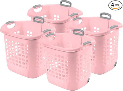 Sterilite 4 Pack Ultra Wheeled Laundry Basket, Plastic Clothes Hamper Bin with Wheels and Retractable Handle, 1.7 Bushel Capacity, Pink Frost