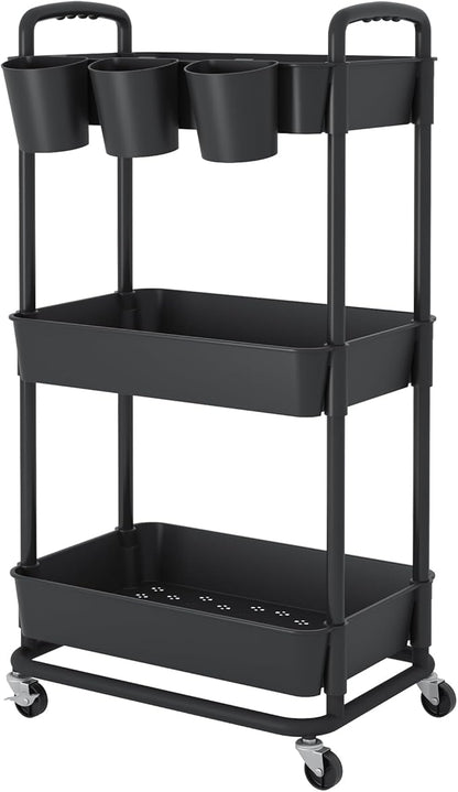 JIUYOTREE 3-Tier Plastic Rolling Storage Cart Utility Cart with Extra Hanging Cups Handles Lockable Wheels for Living Room Bathroom Kitchen Office Black