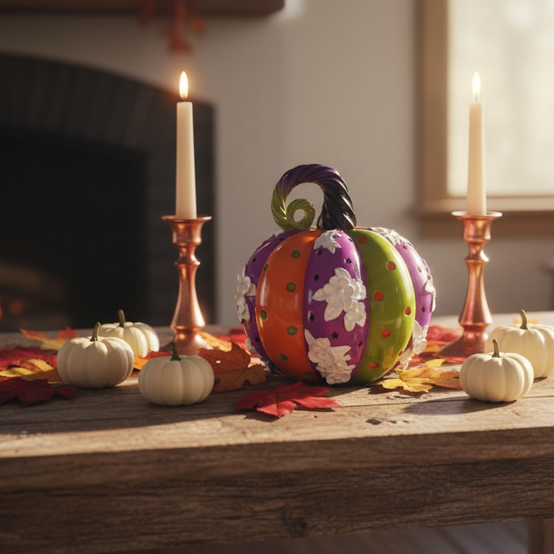 SEAKINGDOM YHH Premium Handmade Pumpkin Statue - 7 Inch Fall Harvest Decor, Resin Sculpture for Thanksgiving Centerpiece, Halloween Tabletop, Mantel & Bookshelf Display (Purple, Green, and Yellow)