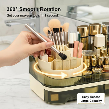 Tidyladyo Makeup Organizer Countertop with Dual Drawers, Large Capacity Cosmetic Storage for Vanity Bathroom Skincare, 360° Rotating Makeup Brush Holder