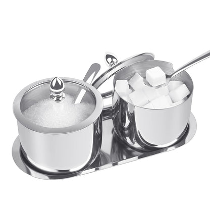 KEMIYIXIAN 2 Stainless Steel Sugar Bowl with Lid Spoon and Tray, Polished Shiny Sugar Bowl，for serving sugar Suitable for home and kitchen- 12 Oz/ 360m