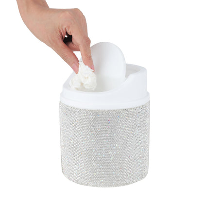 KEYPOWER Bling Rhinestone Mini Plastic Trash Can Cute Small Waste Can with Swing Lid,Suitable for Home Countertop,Car,Table Desk,Office (White)