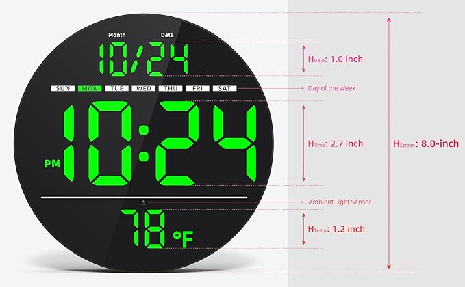 Digital Wall Clock with Large LED Display, Date, Temperature, Auto-Brightness | Small [PLUG-IN] Clock | Modern Electric Wall Clock for Bedroom, Classroom, Living Room, Home, Office, Farmhouse – Green