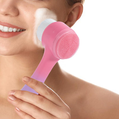 Face Brush 2 in 1, Facial Cleansing Exfoliating Scrubber Brush, Silicone Double Side Manual Face Wash Scrub Brush with Soft Bamboo Charcoal Fiber for Deep Pore Cleansing, Massaging, Skin Care