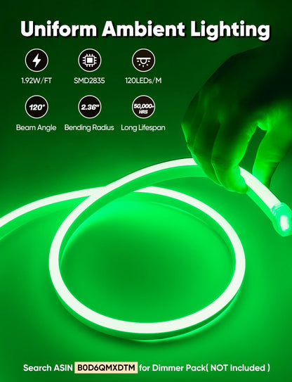 HeliosRibbon 16FT Green LED Neon Rope Lights, Waterproof, Flexible, ETL Listed, Connectable, Model HR-MNEON-GREEN-5M