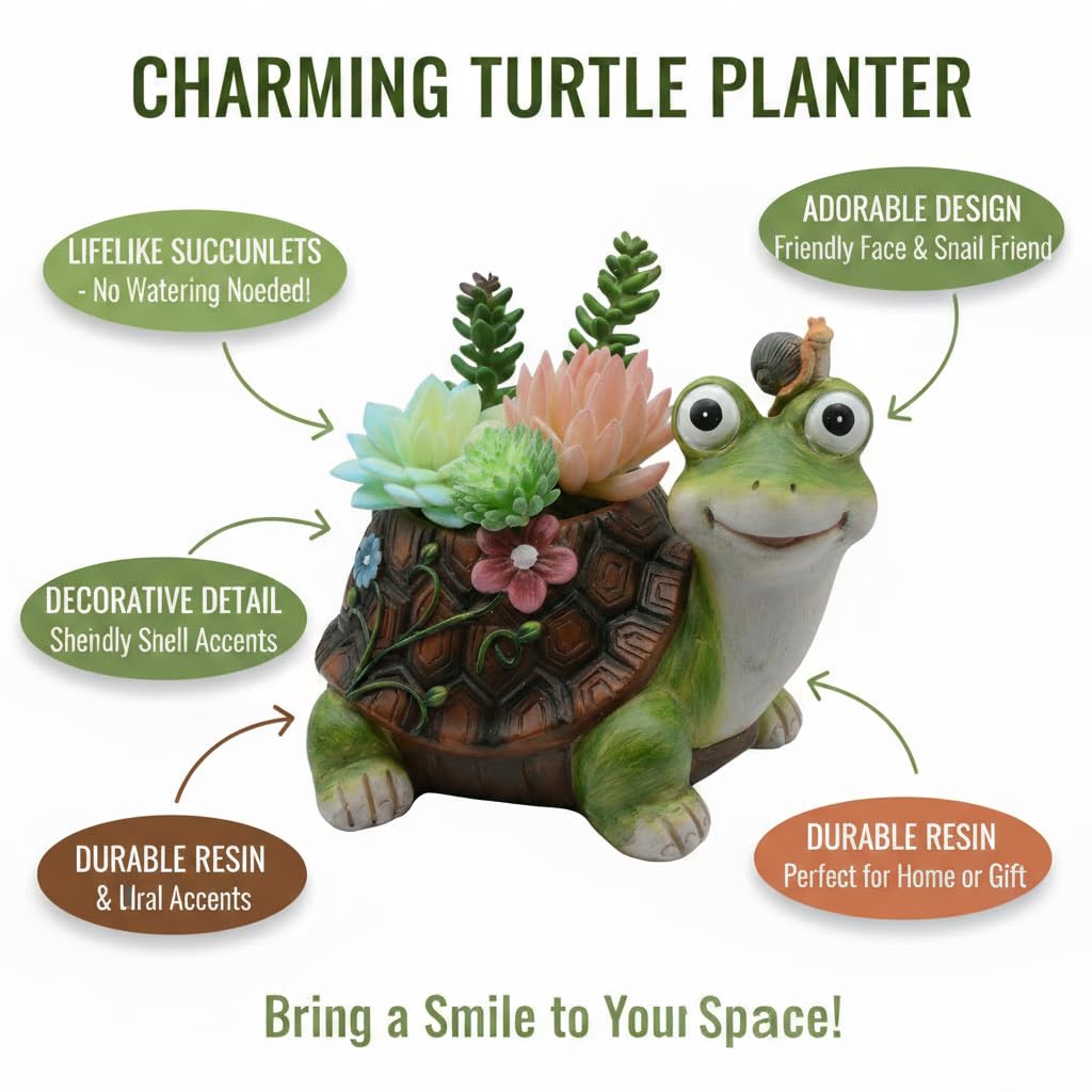 CALECACALO Turtle Plant Pots, Succulent Pots with Drainage Hole, Funny Tortoise Resin Flower Pots Planters for Outdoor Indoor Plants, Room Office Décor Plants NOT Included