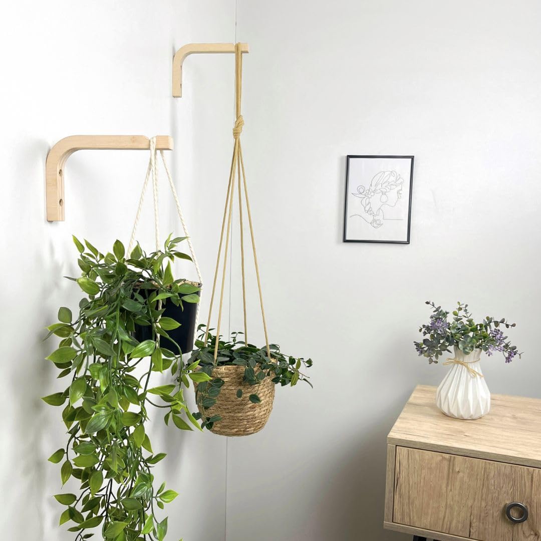 EvenWood 2-Piece Set of Plant Hooks for Wall 6 inch - Mounted Wooden Plant Hook - Indoor and Outdoor Bracket Plant Hanger for Planters, Lanterns, Bird Feeders, Patio Decorations (Natural)