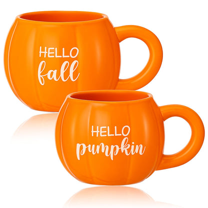 GlikCeil 2 Pcs Fall Pumpkin Mugs, Hello Fall Hello Pumpkin Coffee Cups for Tiered Tray 17 oz Thanksgiving Table Centerpieces Ceramic Mugs Drinking Cup for Autumn Harvest Wedding Birthday Gift