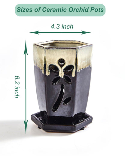vensovo 4 Inch Ceramic Orchid Pot with Holes and Saucer, 1 Pc Small Hexagon Succulent Planter for Repotting, Garden Flowerpot for Indoor Outdoor Plants, Promotes Air Circulation (Black Mixed)