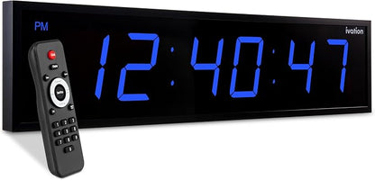Ivation Oversized 24" Large Digital LED Clock | Big Digital Clock w/Multi-Function Display – Stopwatch, Timer, Alarms, Temp & Date | 6 Brightness Levels, Time Memory & Remote (Blue)