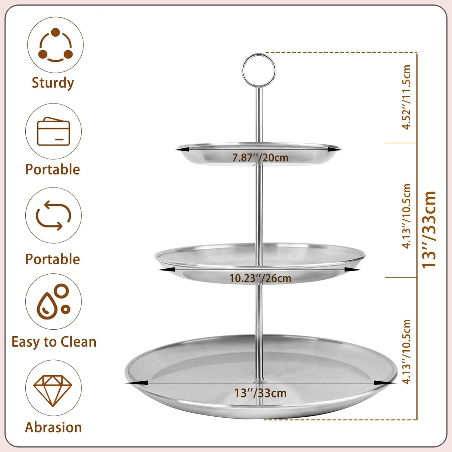 LIAISIMI 3 Tier Silver Cupcake Stand Stainless Steel Dessert Display Rack with Removable Tiered Tray for Parties,Weddings,Birthdays,Decorations,Any Festivals and Festivities(Stainless Steel Pole)