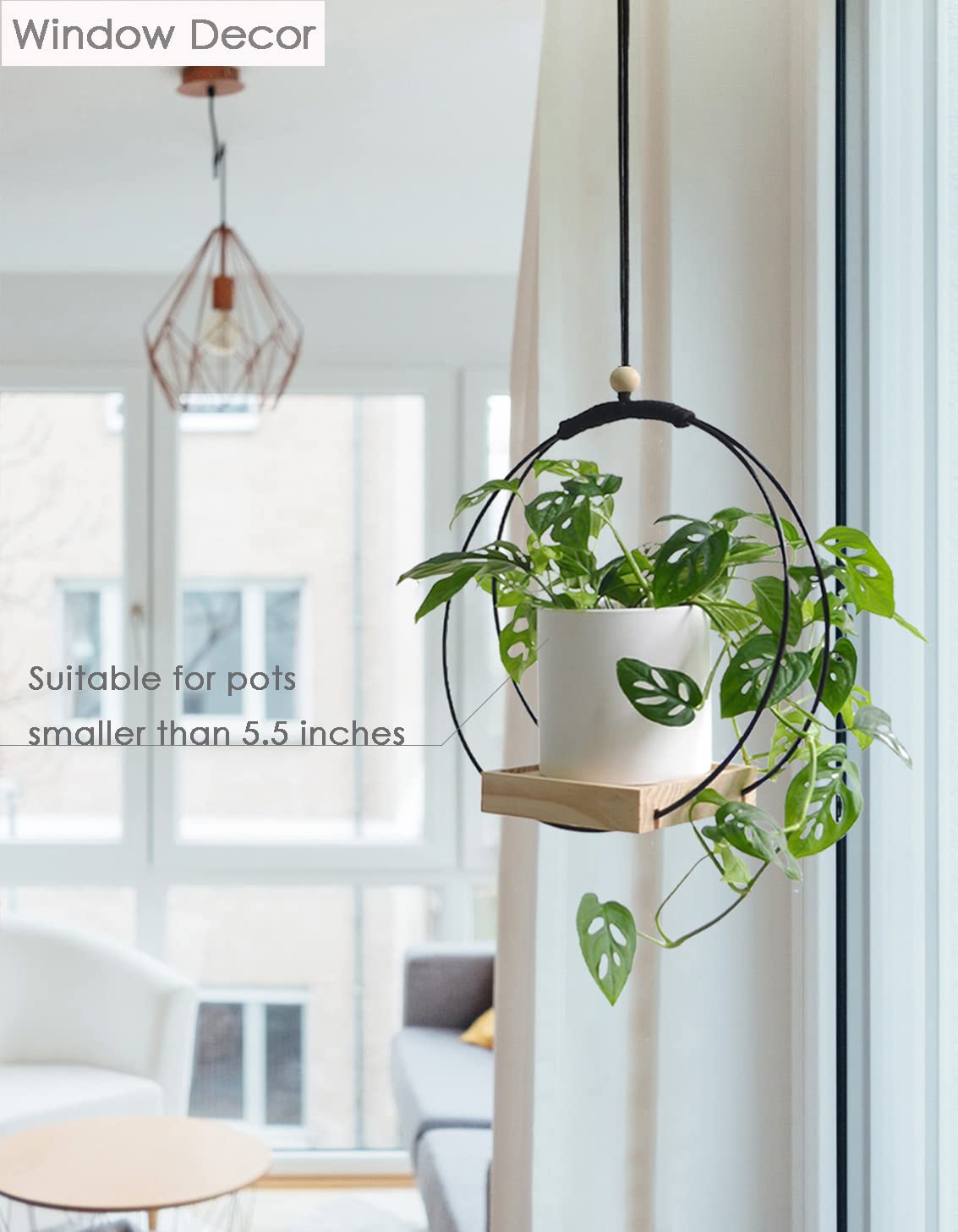 Dravmola Plant Hanger with Wood Base - Boho Macrame Hanging Plant Holder for Indoor Plants Hanging Planter for Wall /Window/Room Decor Black (Pot & Plant Not Included)