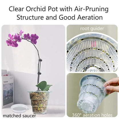 Meshpot 4 inch Clear Orchid Pots with Holes and Saucers for Repotting,Pack of 4,Small Plastic Orchid Planters Provide Good Air Circulation,Nursery Pots for Succulents,Herbs,Aloes,Mint