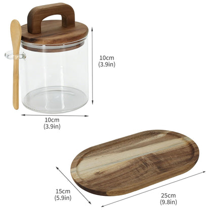 Lolytama Sugar Bowl Set,Airtight Glass Sugar Jar with Wooden Lids,Sugar Container Side Spoons and Serving Tray,Round Coffee Bar Accessories for Tea Station,Countertop, Pantry Shelf,2 Pack