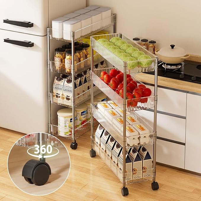 Sooyee Clear 4 Tier Slim Storage Cart,Rolling Storage Cart,Narrow Shelf,Bathroom Rack,Mobile Shelving Unit Organizer for Kitchen, Bathroom, Laundry Room