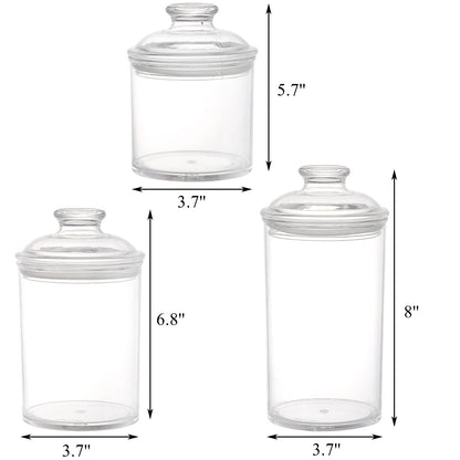 Lyellfe Set of 3 Acrylic Apothecary Jars, Vanity Organizer Canister with Airtight Lids, Bathroom Cotton Swab Holder, Clear Storage Jar for Candy, Bath Salt, Cotton Ball, 34 oz, 25 oz, 17 oz