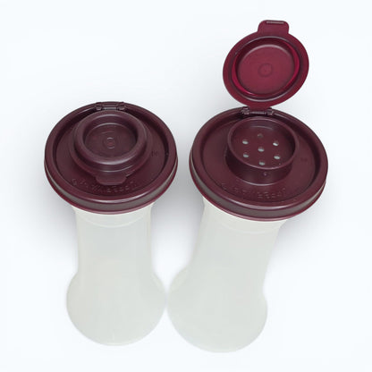 Tupperware Large Hourglass Salt and Pepper Shakers Clear Containers with Dark Vineyard Seals