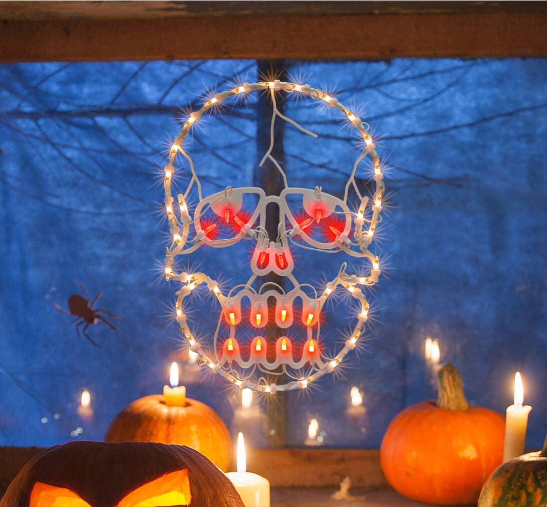 JUSTPRO 13.3" Lighted Skull Halloween Window Silhouette Decoration,Halloween Lighted Window Decoration,Hanging Light Up Holiday Ornament (Skull Light)