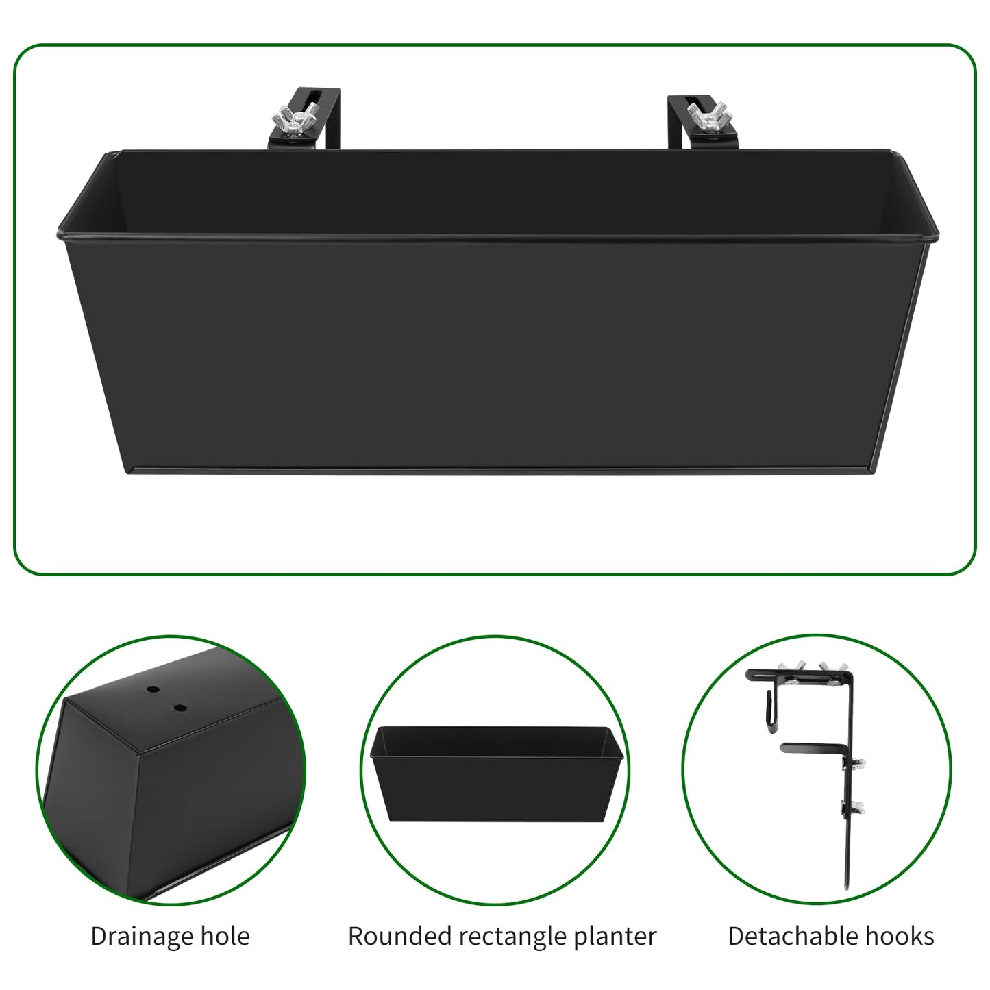 Holensun Railing Planter for Outdoor Plants 16 Inch Metal Rectangular Window Boxes with Adjustable Brackets and Drainage Hanging Flower Pots for Balcony Deck Railings Apartment Patio Decor Black(4PCS)