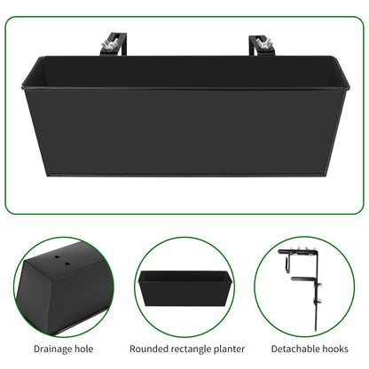 Holensun Railing Planter for Outdoor Plants 16 Inch Metal Rectangular Window Boxes with Adjustable Brackets and Drainage Hanging Flower Pots for Balcony Deck Railings Apartment Patio Decor Black(4PCS)