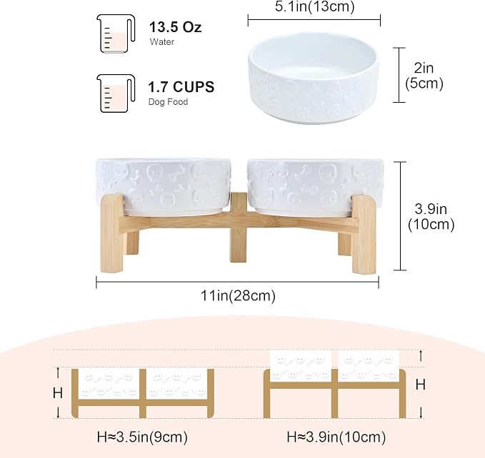 SPUNKYJUNKY Elevated Dog Bowls Ceramic, 5.1'' Dogs and Cat Food Water Bowls Raised with Non-Slip Bamboo Stand for Puppy Small Sized Breed Microwave Dishwasher Safe - 13.5 OZ,Skull White