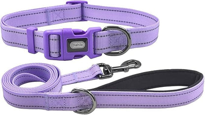 Dog Collar Leash Set, with Relfective Strips, Lilac Purple, Medium. | Adjustable Collar,5 ft Matching Leash,Neoprene Padded Handle.