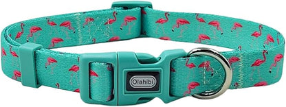 Dog Collar Leash Set, Flamingo Pattern, Polyester Material, Adjustable Collar and 5ft Matching Leash, for Medium Dogs.(M, Green Flamingo)