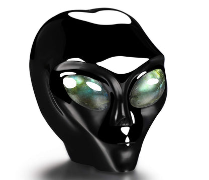 Skullis 3.0" Black Obsidian Star Being Female Alien Crystal Skull Companion with Labradorite Eyes, Hand Carved Gemstone Fine Art Sculpture, Reiki Healing Stone Statue