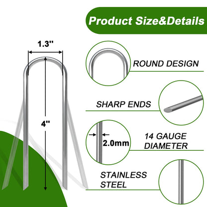 AAGUT 4 Inch Landscape Stakes 150 Pack Garden Drip Irrigation Tubing Stakes Heavy Duty 14 Gauge Galvanized Ground Staples Lawn U Hooks for Soaker Hose, Chicken Wire, Chain Link Fence, Dog Fence