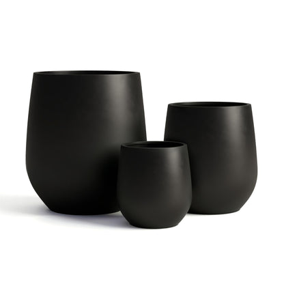 DTY Premium Mt Wilson Tall Tapered Fiberstone Planter for Indoor Outdoor Use, Modern Large Olive Tree Pot with Drainage Hole, Includes 2 Coco Mats. Black, Medium 15'' D x 16.7” H. 11.2” Pot Opening
