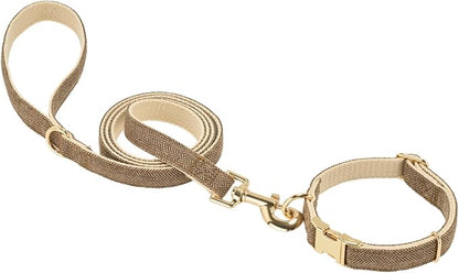 Luxury Soft Cotton Tweed Fabric Dog Collar & Leash Set with Gold Buckle – Durable Fabric, Stylish Design for Everyday Walks(Medium Coffee)
