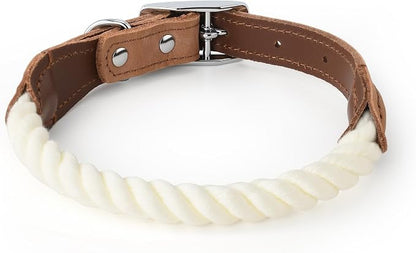 Mile High Life Genuine Leather Dog Collar, Durable Braided Cotton Rope Collar with Metal Pin Buckle for Small Medium Large Dogs (Cream, M Neck 15"-18")