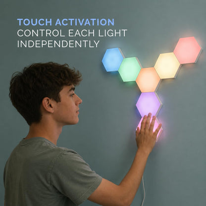 Emberela HEXlights Sensory Lights for Teens - 7pk Touch Hexagon Lights, Remote Controlled - Autism-Friendly Tap Tap Wall LED Panels for Sensory Room - Table Stand Included