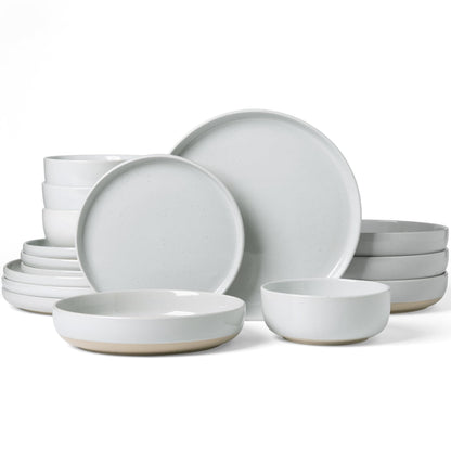 Famiware Milkyway Stoneware Dinnerware Sets with Pasta Bowls, Service for 4 (16 Pieces), Plates and Bowls Sets -Scratch Resistant, Microwave and Dishwasher Safe Dishes Set, Light Gray