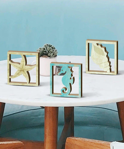 Putuo Decor Coastal Decor, Ocean Themed Tabletop Decor Set of 3, Seashore Seahorse Starfish and Shell MDF Desk Accents for Living Room, Bedroom, Office, Beach House