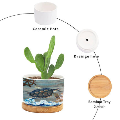 DreamAutumn Ocean Theme Sea Turtle Ceramic Pots for Plants with Drainage Holes Round Flower Pot Bamboo Tray Orchid Pot Succulents Pots for Outdoor Indoor Plants,Housewarming Gifts
