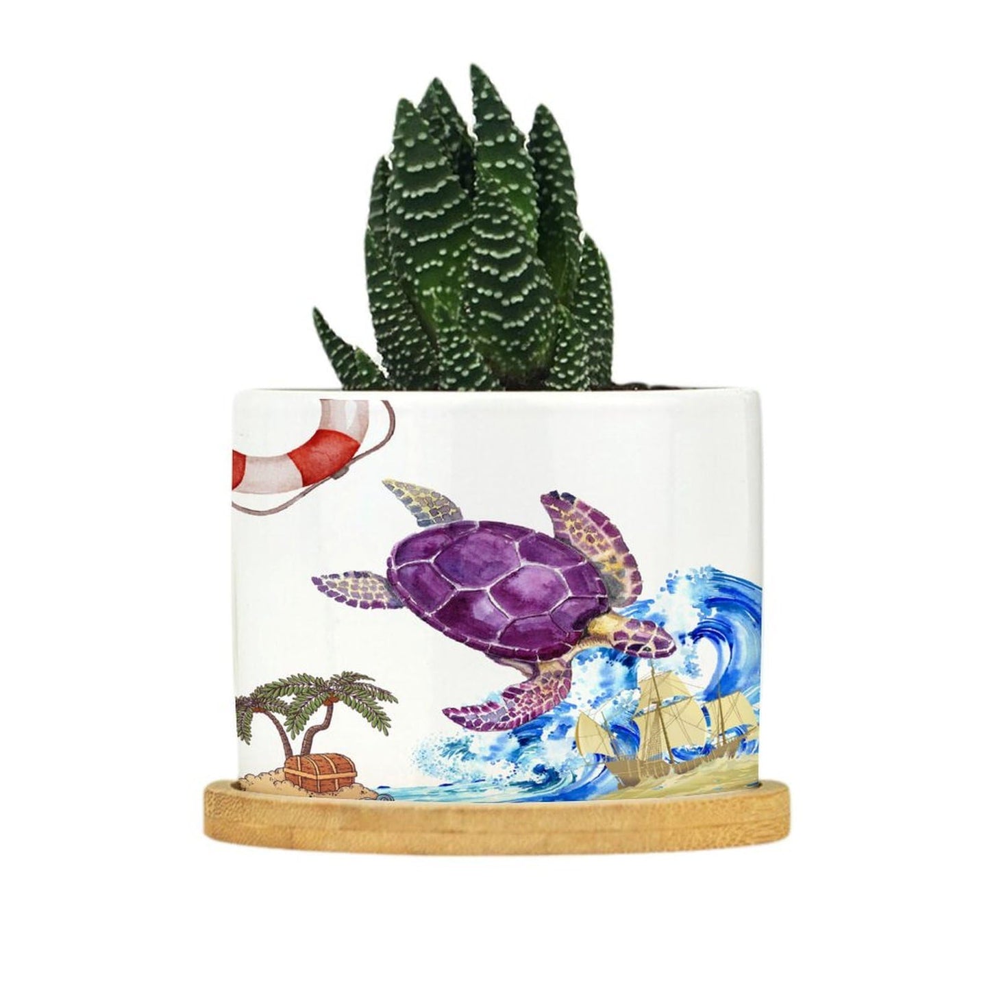 DreamAutumn Ocean Theme Sea Turtle Planter Ceramic Round Plant Pots with Drainage Holes and Bamboo Tray Planting Small Flower Pots for Home Windowsill Desk Garden Indoor Outdoor Use